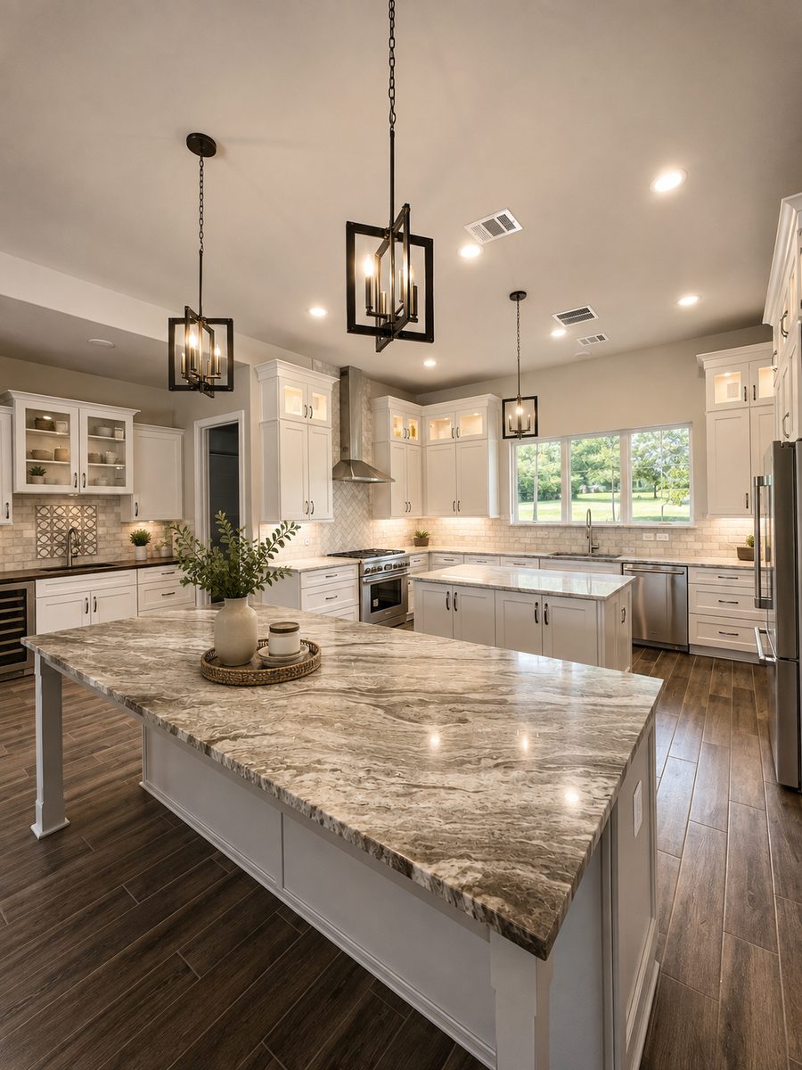 Open-plan white kitchen with two islands, lantern pendants and wood-look plank floors