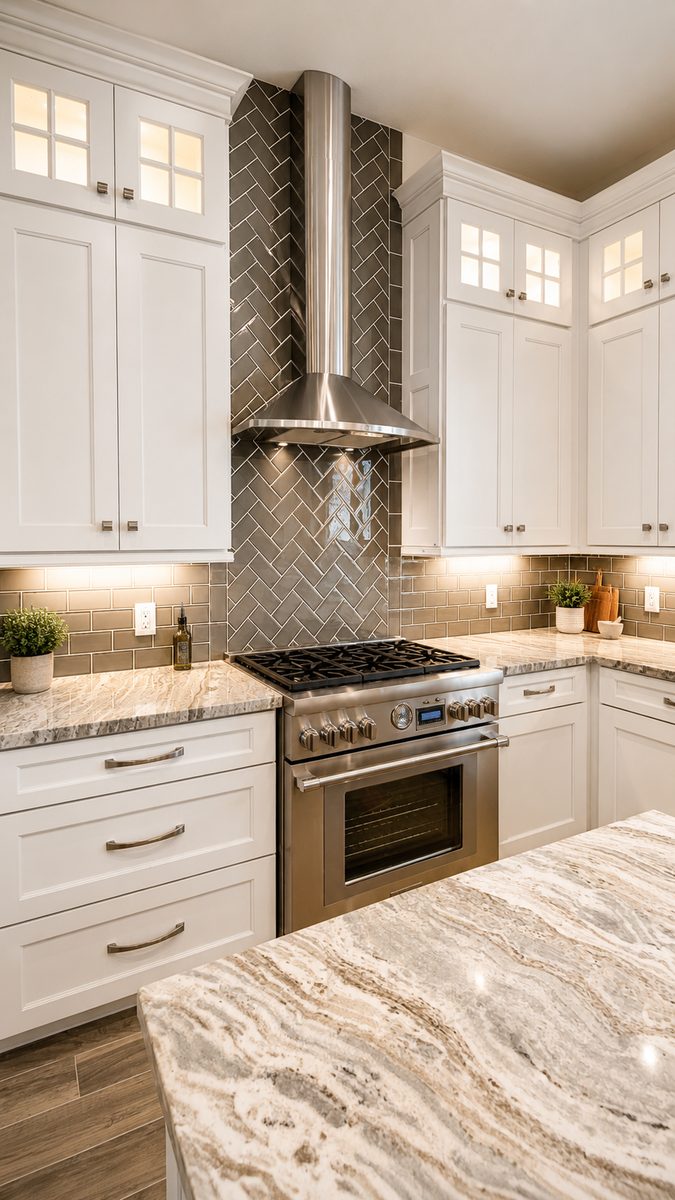 Bronze herringbone tile backsplash behind a professional range with a stainless chimney hood