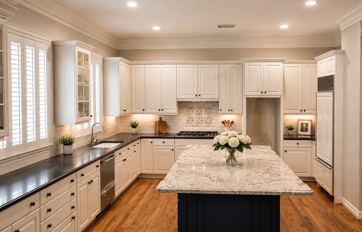 Cream cabinetry with black counters, navy island and plantation shutters