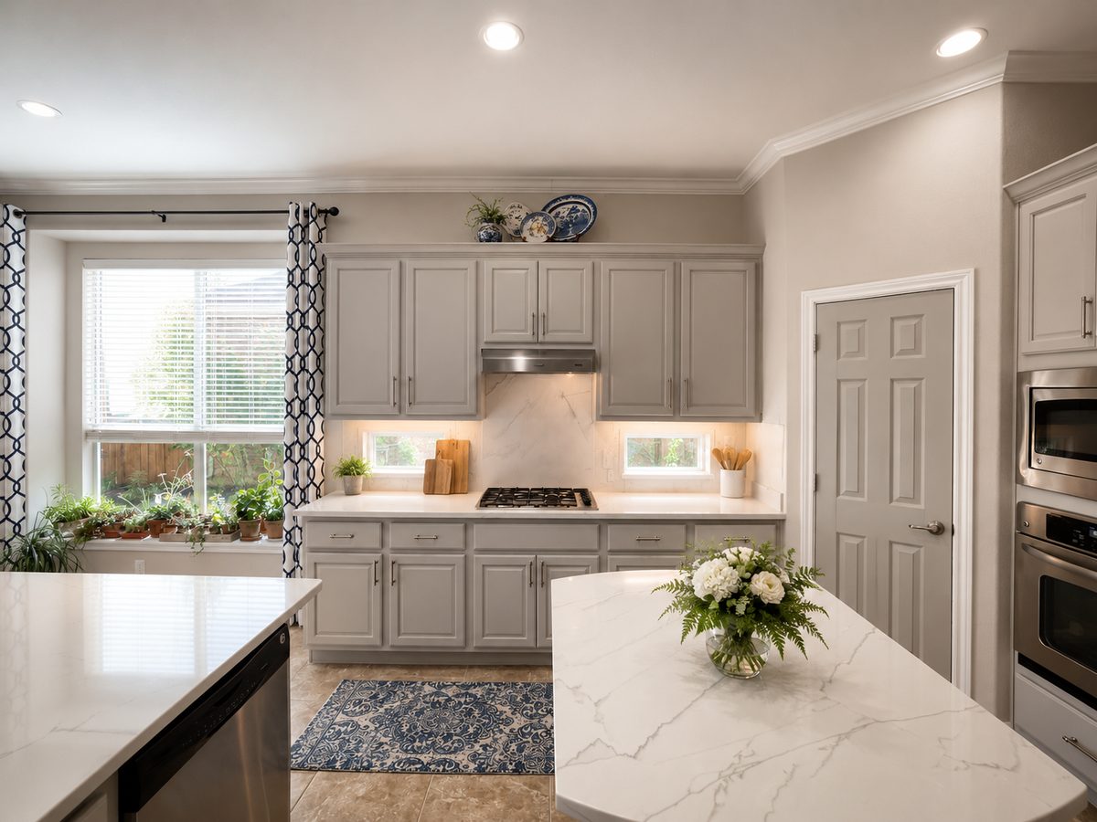 Grey cabinetry with a full-height marble slab backsplash and quartz waterfall counters