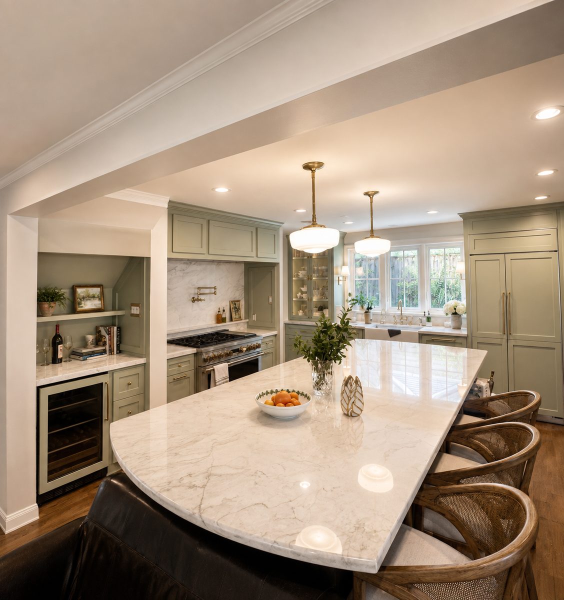 Sage green cabinetry with brass hardware, a curved marble island and built-in wine storage