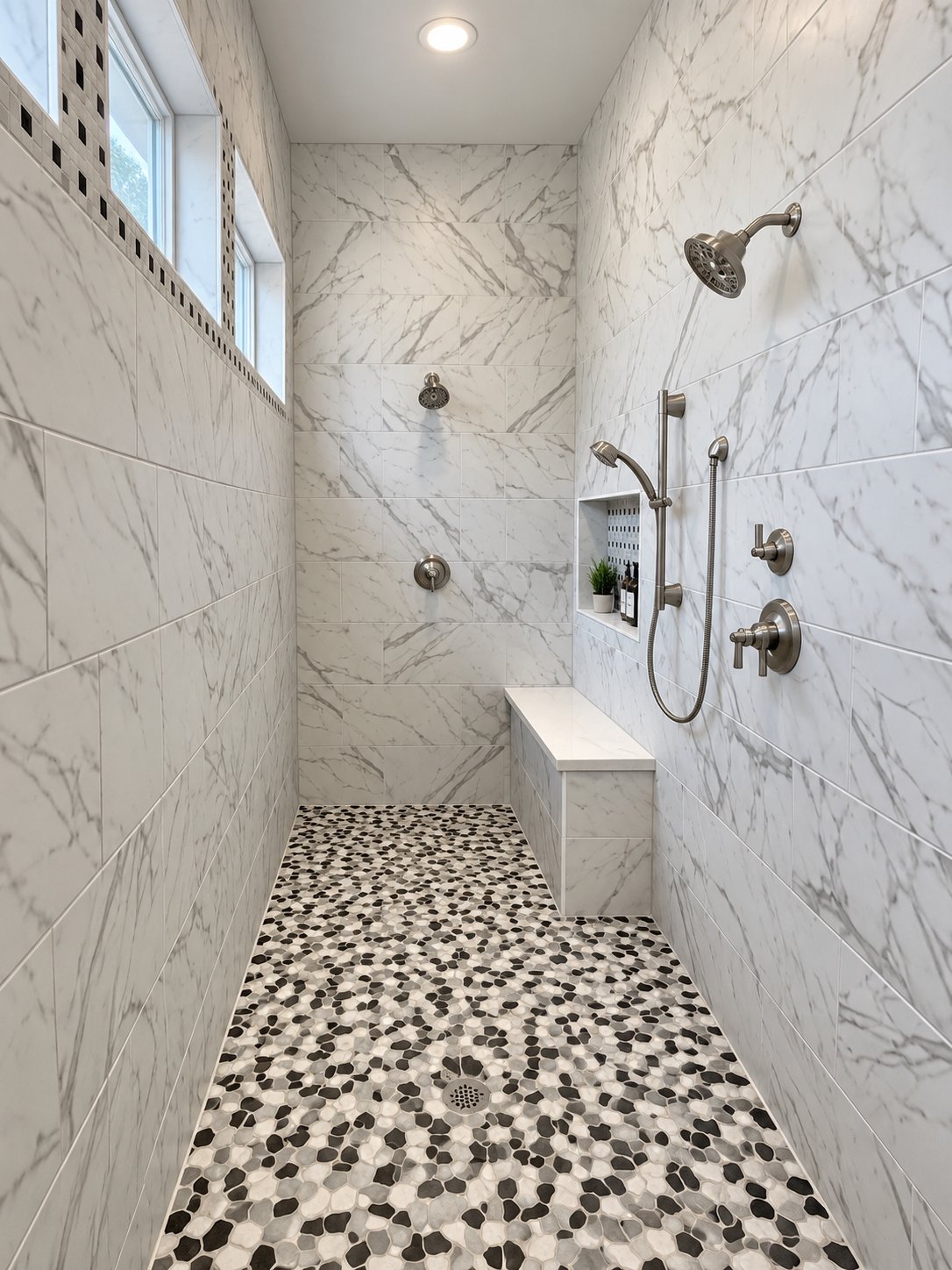 Marble walk-in shower with pebble-tile floor and dual shower heads